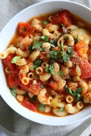 Vegan Minestrone - White Bean Soup with Elbows, Veggies, Basil and vegan parmesan. Can be gluten-free, nut-free. Soy-free Vegan Dairy-free Recipe | VeganRicha.com