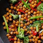 close-up of Mongolian chickpeas in the pan after cooking and adding sesame seeds