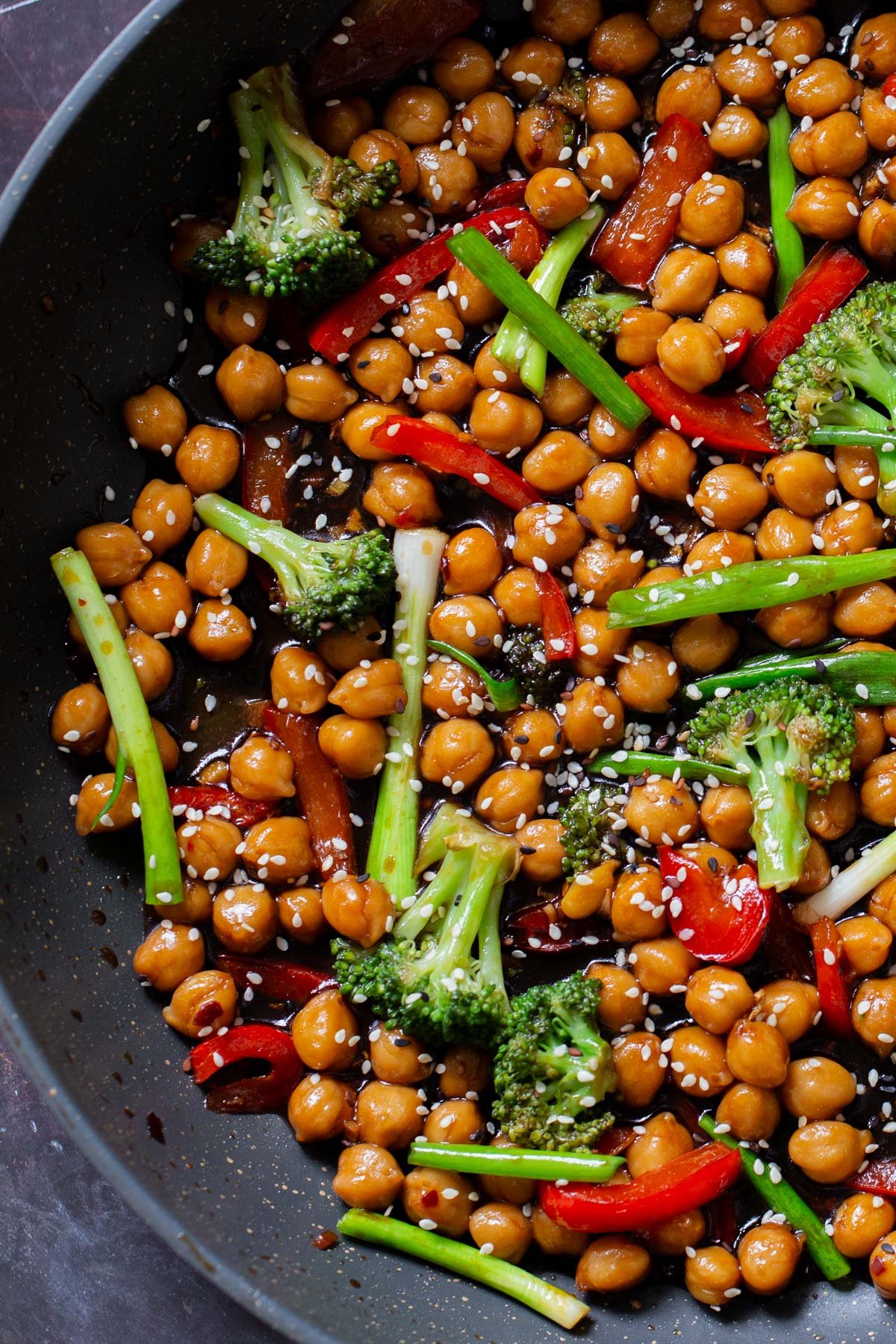close-up of Mongolian chickpeas in the pan after cooking and adding sesame seeds