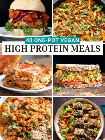 image collage of vegan burger, pasta, lasagna, sandwich, curry, and salad. Text reads, "40 One-Pot High Protein Vegan Meals."