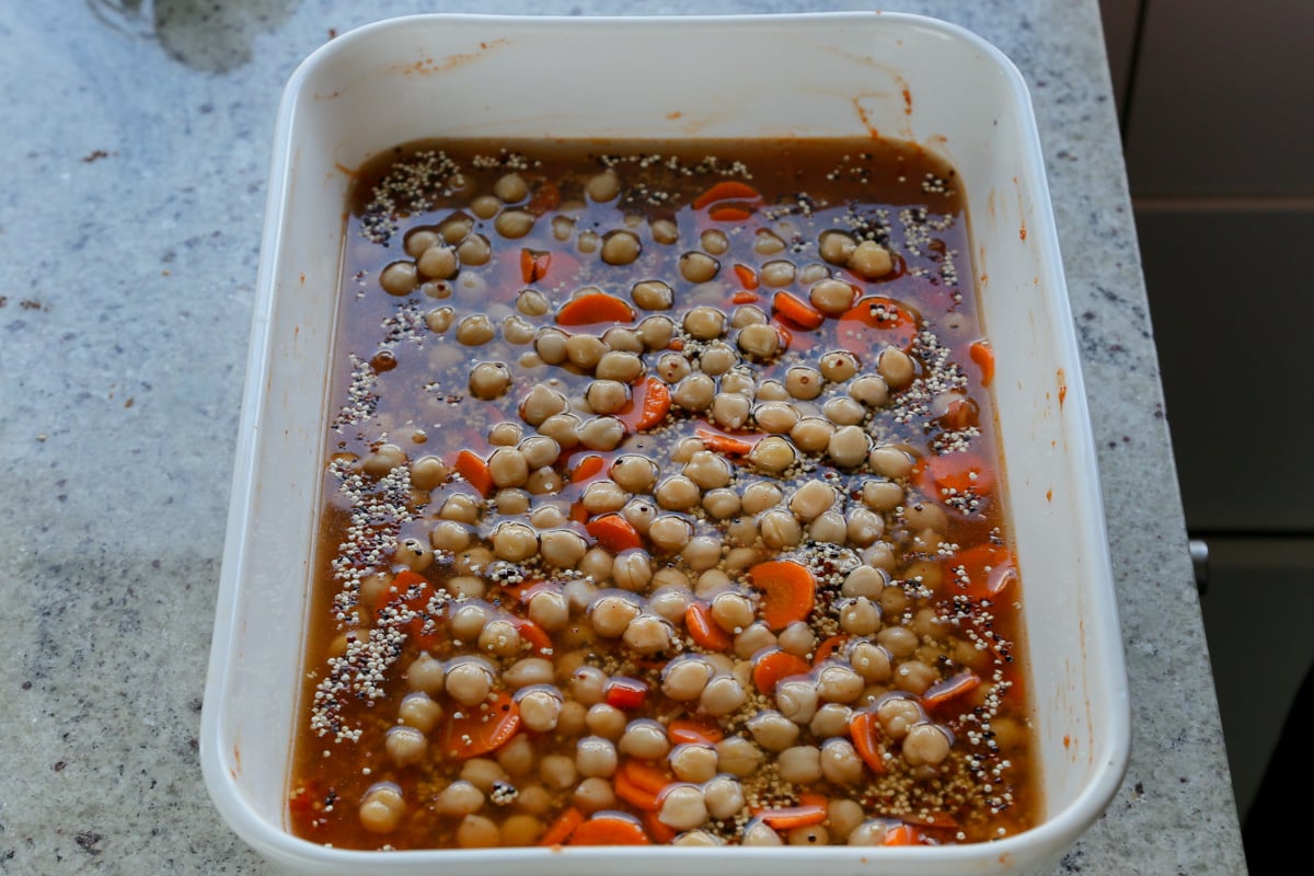 quinoa and chickpeas mixed into the broth