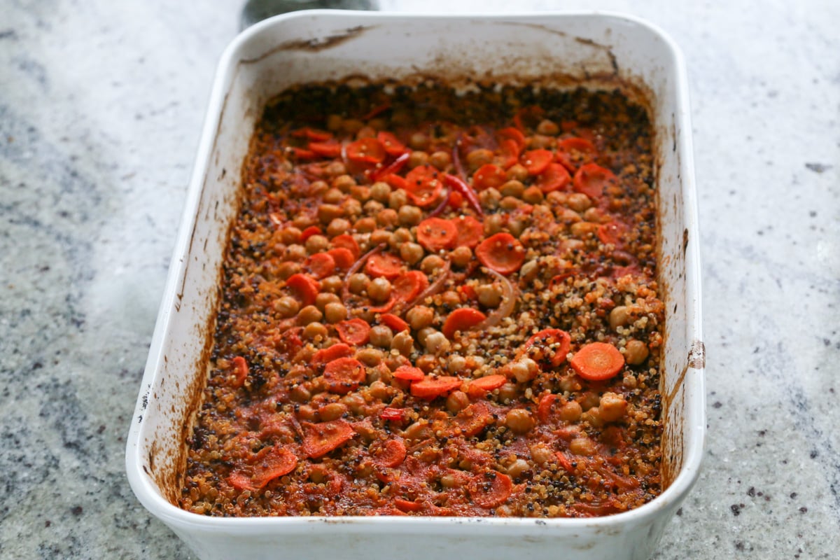 quinoa chickpea casserole in the pan after baking