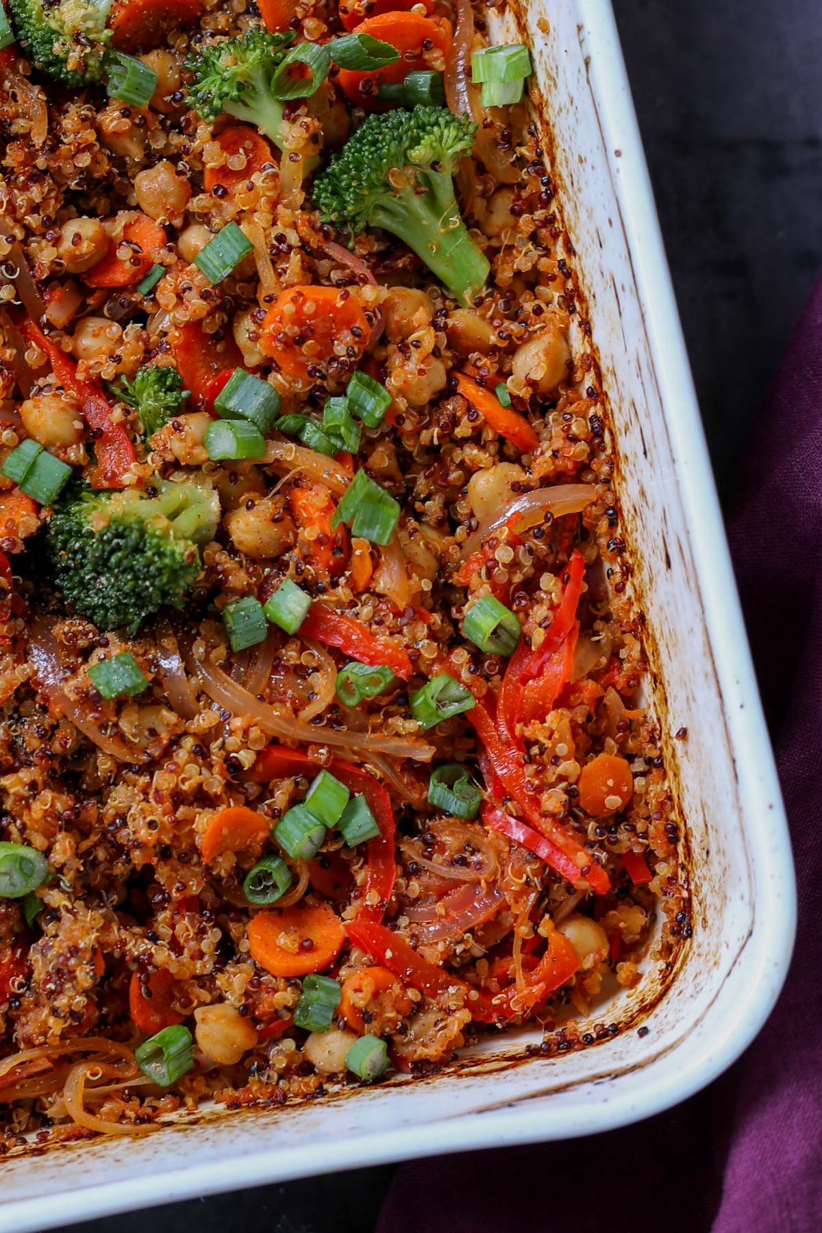 close-up of quinoa chickpea casserole in the pan