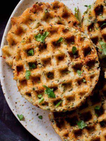 close-up of rava idli waffles on the plate