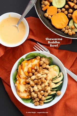 Shawarma Chickpea Sweet Potato Buddha Bowl w/ lemon tahini dressing | https://VeganRicha.com #vegan #glutenfree #soyfree #nutfree #recipe