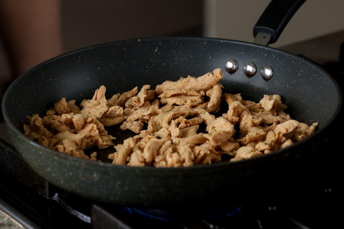 soy curls in the pan before cooking