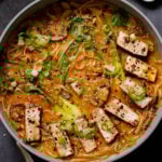 vegan tonkotsu in the pan after adding tofu and toppings