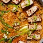 close-up of vegan tonkotsu in the pan after adding tofu and toppings