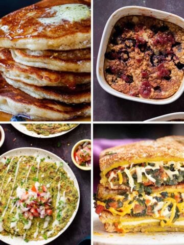 image collage of vegan gluten-free breakfast recipes: pancakes, oats, savory pancakes, vegan egg sandwich