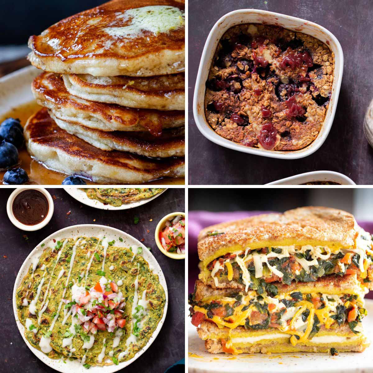 image collage of vegan gluten-free breakfast recipes: pancakes, oats, savory pancakes, vegan egg sandwich