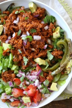Vegan Taco Salad Bowl with Carrot Walnut Taco "Meat". Vegan Taco filling. Meatless Taco Salad. Make a wrap or tacos with it. Vegan Gluten-free Recipe.  #vegan #glutenfree #vegantaco #veganricha | VeganRicha.com