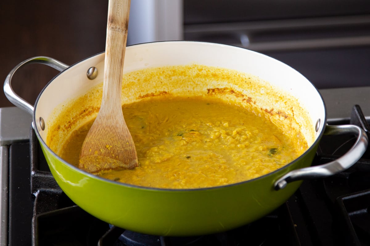 red lentil dal in a skillet, after cooking