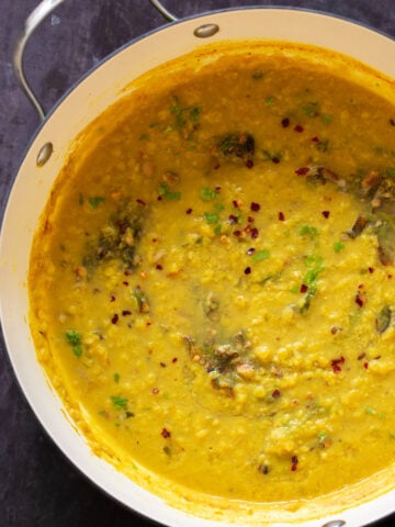 close-up of thecha dal in the skillet