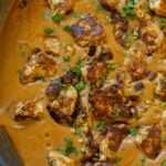 close-up of tofu barra in the pan after cooking and adding garnishes