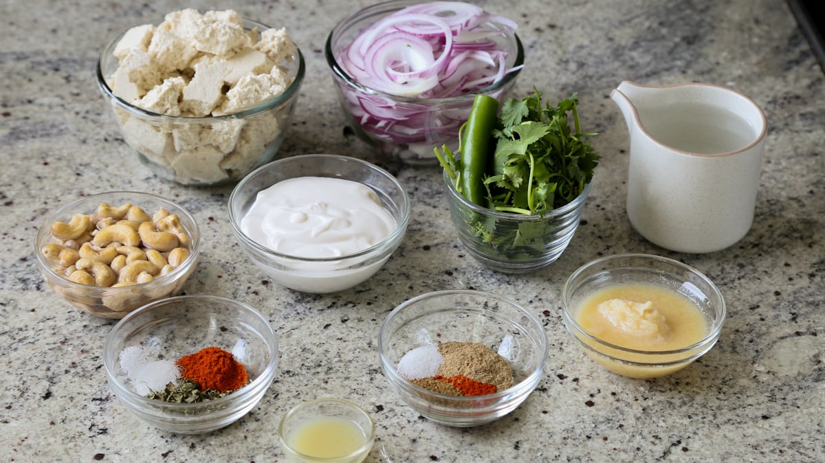 tofu barra ingredients in bowls on a kitchen counter