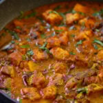 close-up of tofu pepper fry in the skillet after cooking