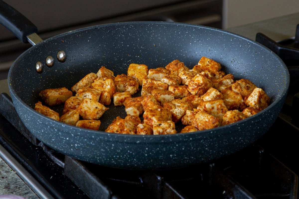 tofu in the pan after cooking