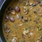 close-up of vegan mushroom gravy in the pan