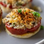 baked vegan caprese stacks on a plate
