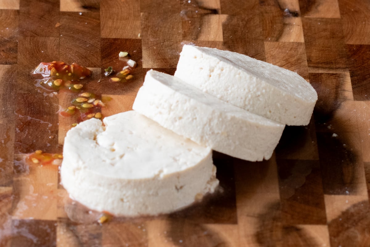 tofu circles on the cutting board