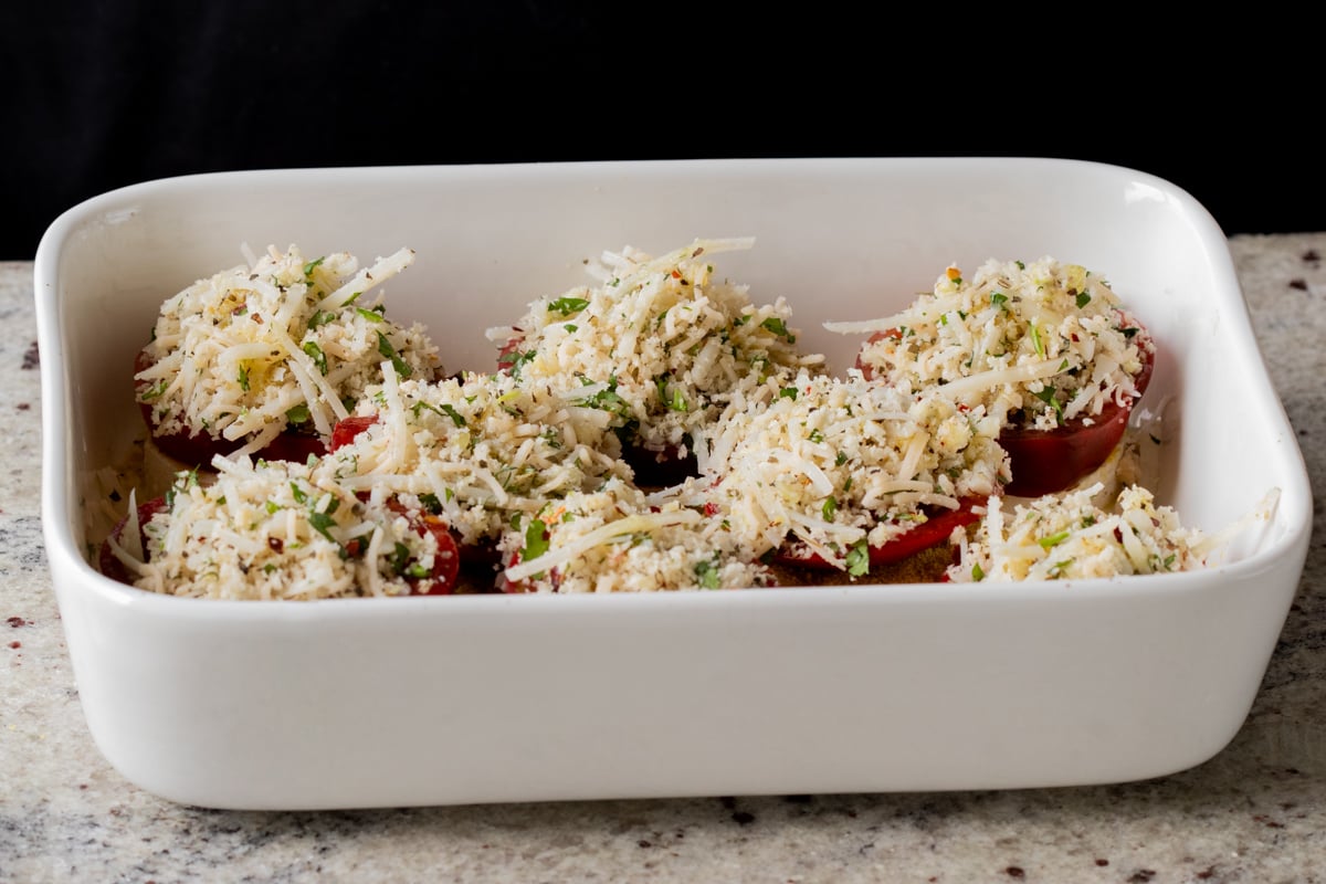 vegan caprese stacks in the baking pan before baking
