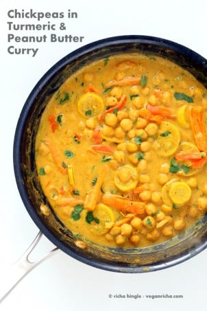 Chickpeas in Turmeric Peanut Butter Curry. Easy Nut Butter Curry Sauce with Summer veggies and Chickpeas. Vegan Gluten-free Soyfree Recipe | VeganRicha.com