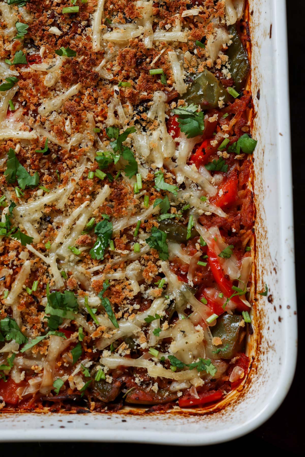 close-up of unstuffed pepper casserole in the baking pan