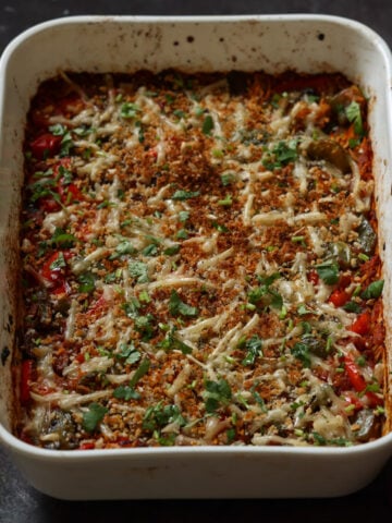 unstuffed pepper casserole in the pan after browning the topping
