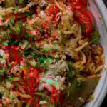 close-up of a bowl of unstuffed pepper casserole