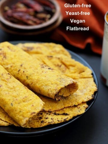 Easy Yeast-free Sweet Potato Vegan Gluten free flatbread. Sweet Potato flatbread with chickpea flour, rice flour and psyllium husk. #Eggless #vegan Oat-free #Recipe | VeganRicha.com #vegan #glutenfree #veganricha