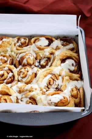 Easy Homemade 1 hour Cinnamon Rolls. Vegan Cinnamon Rolls with Cashew cream frosting. Ready in 60 minutes. Vegan Soy-free Palm Oil free Breakfast Recipe | VeganRicha.com