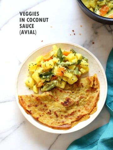 Avial - South Indian Veggie Coconut Curry. Seasonal Vegetables in easy spiced coconut sauce. Serve over rice, flatbread or dosa crepes. #Vegan #Indian #Glutenfree #Soyfree #Recipe #VEGANRICHA