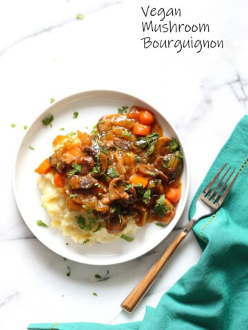 Vegan Mushroom Bourguignon served over Potato Cauliflower Mash. All Cooked in an Instant Pot together with PIP (pot in pot). ##VeganRicha Vegan #Glutenfree #Nutfree Recipe, can be #Soyfree