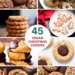 image collage of vegan Christmas cookies: chocolate, chocolate chip, sugar cookies, gingerbread men, no-bake, thumbprint cookies, and peanut butter cookes