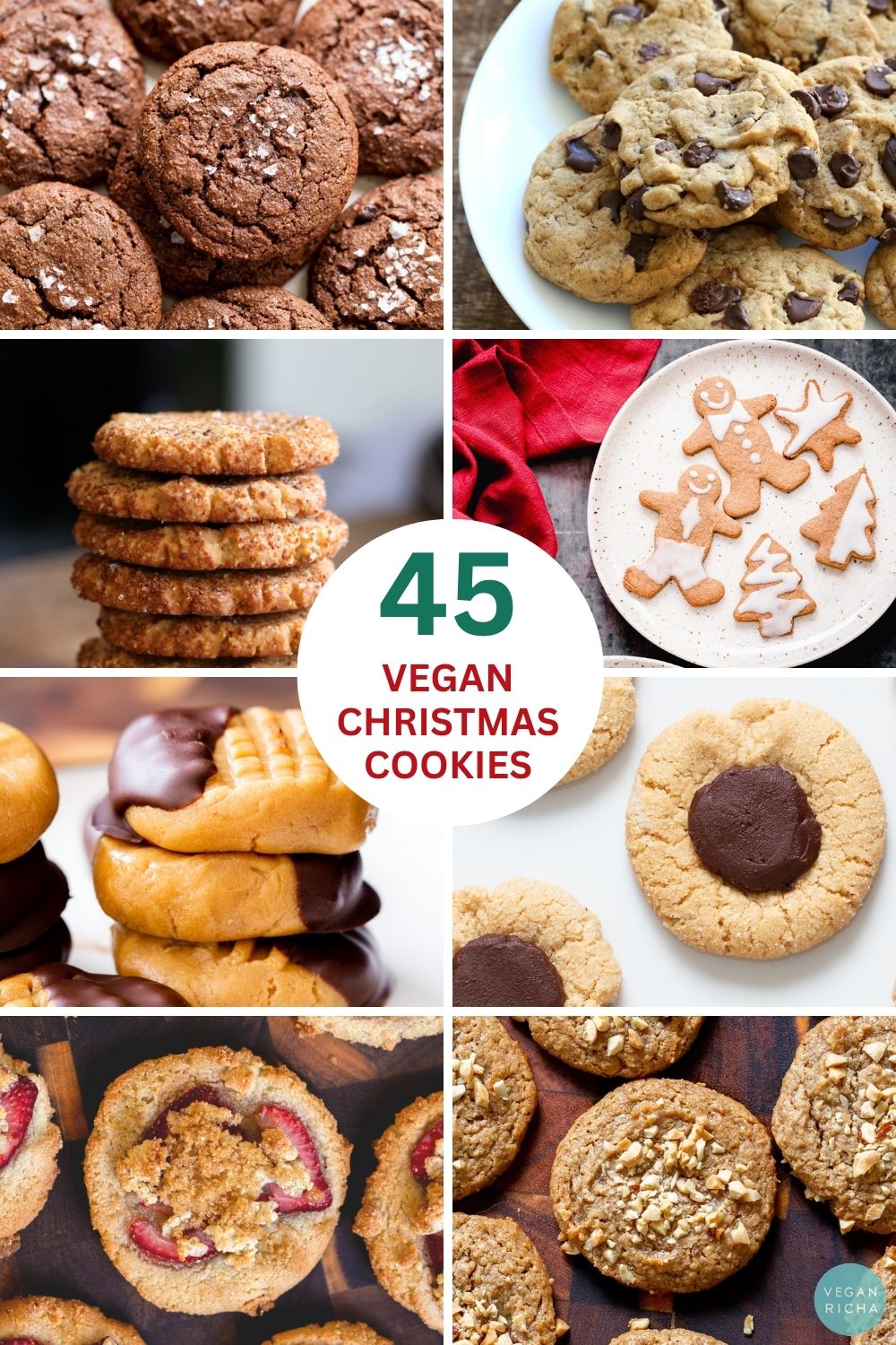 image collage of vegan Christmas cookies: chocolate, chocolate chip, sugar cookies, gingerbread men, no-bake, thumbprint cookies, and peanut butter cookes