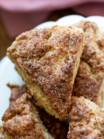 These Vegan Churro Scones need just 1 Bowl, 8 Ingredients and have No Added Oil! Crisp Vegan Cinnamon Scones for breakfast or Dessert. #Vegan #scones #Churroscones #Veganscones #VeganRicha #Nutfree option