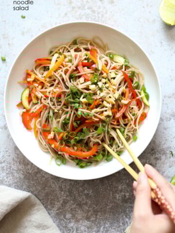 Cold Soba Noodle Salad Recipe. Noodle Salad Bowl with Peppers, Carrots, Zucchini, Green Onion and Sesame Lime Ginger Dressing. Refreshing Summer Salad. #Vegan #Nutfree. #Glutenfree Option, #SoyfreeOption #veganricha #recipe