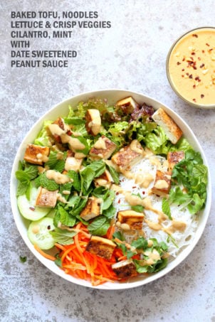 Crunchy Veggie Vegan Summer Rolls Deconstructed into a Bowl. Served with Peanut Butter Dipping Sauce. Fresh Spring Rolls/ Rice paper rolls in a bowl. Make a bowl, wrap or fill up rice paper wrappers. #Vegan #Glutenfree #Recipe #veganricha Use Sunbutter to make #nutfree | VeganRicha.com 