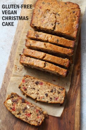 Vegan Gluten free Christmas Cake Fruit Cake full of nuts, dried fruits, candied ginger. Soft, Flavorful and great for gifting. Vegan Soyfree Recipe. #veganricha #vegan #glutenfree | VeganRicha.com