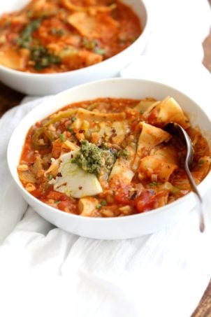 Instant Pot Lasagna Soup - Vegan Lasagna Soup with lasagna noodles, veggies, red lentils and basil. 1 Pot weekday meal. #Vegan #Nutfree #Recipe. Can be #glutenfree. #veganricha | VeganRicha.com