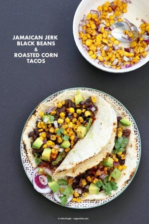 Jamaican Jerk Black Bean Tacos with Roasted Corn Salsa. 25 minute Tacos, full of flavor. Vegan Soy-free Recipe. Can be gluten-free with gf tortillas or soft tacos. | VeganRicha.com