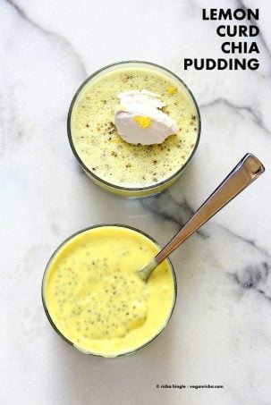 Lemon Curd Chia Pudding. Thick Lemon Coconut Pudding with Chia seeds. This zesty pudding is a refreshing treat for Summer. Serve wih whipped coconut cream. Vegan gluten-free nut-free soy-free Recipe | VeganRicha.com #glutenfree #veganricha #vegan