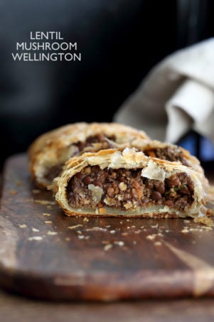 Mushroom lentil Wellington. Easy Vegan Wellington for the Holidays and potlucks. Puff pastry wrapped lentil walnut mushroom loaf.  Vegan Recipe. Make into a loaf to make gluten-free. #vegan #veganricha