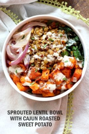 Spiced Sprouted Lentils, Cajun Roasted Sweet Potato Bowl with Veggies, Greens and Tahini Garlic Dressing. Vegan Gluten-free Soy-free Recipe.  #vegan #veganricha | VeganRicha.com