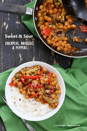 Sweet and Sour Chickpeas, Peppers, and Broccoli. Easy Weeknight One Pot Protein filled Meal. | VeganRicha.com #vegan #glutenfree #chickpeas #recipe