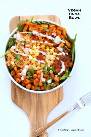 Vegan Tinga bowl with Hearts of Palm, Chickpeas, Spanish Rice | Vegan Richa