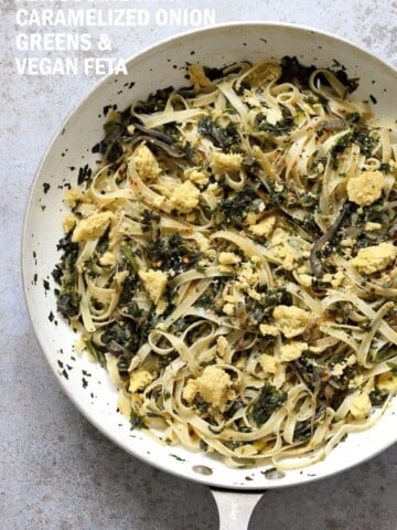 Fettuccine with Caramelized Onions, Greens and Vegan Feta - ish cheese. Easy Weeknight meal. Make the cheese ahead, then the dish is 1 Pot and 30 minutes. #Vegan, can be Gluten-free, Soy-free #veganricha | VeganRicha.com