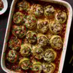 zucchini rolls in the baking dish after baking