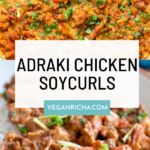 image collage of Adraki ginger curry soy curls in a bowl and in the pan, text overlay