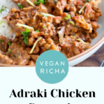 Adraki ginger curry soy curls in a bowl, text overlay